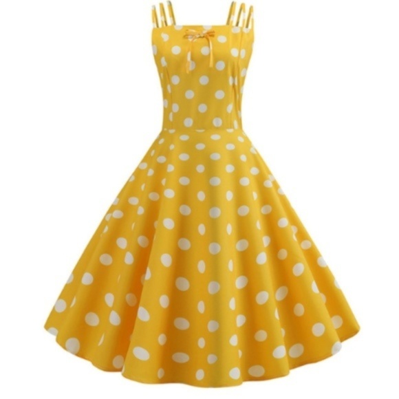 Dresses & Skirts - Pinup Yellow Polka Dot Retro 50s Pin Up Dress